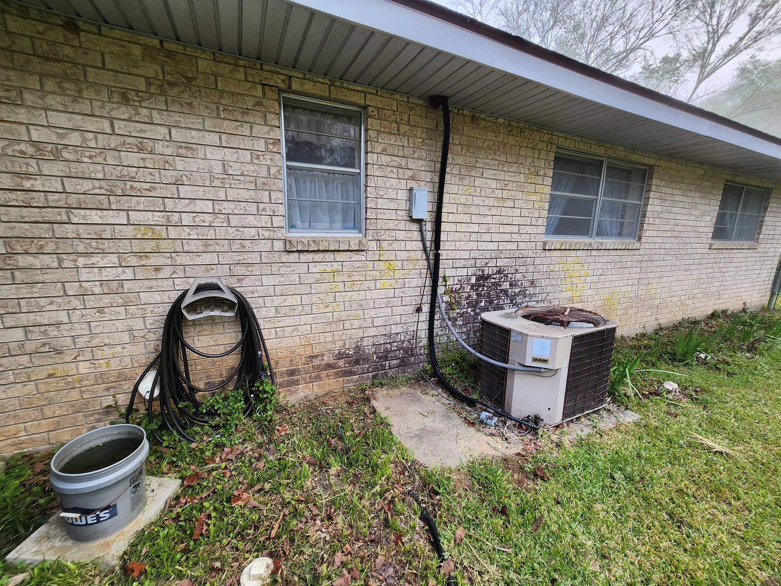 Side of brick home with AC unit and yellow-green algae staining